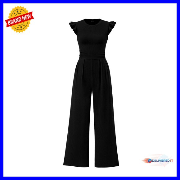 Ruffle Cap Sleeve Jumpsuit Rib Knit Crew Neck Back Zipper Wide Leg